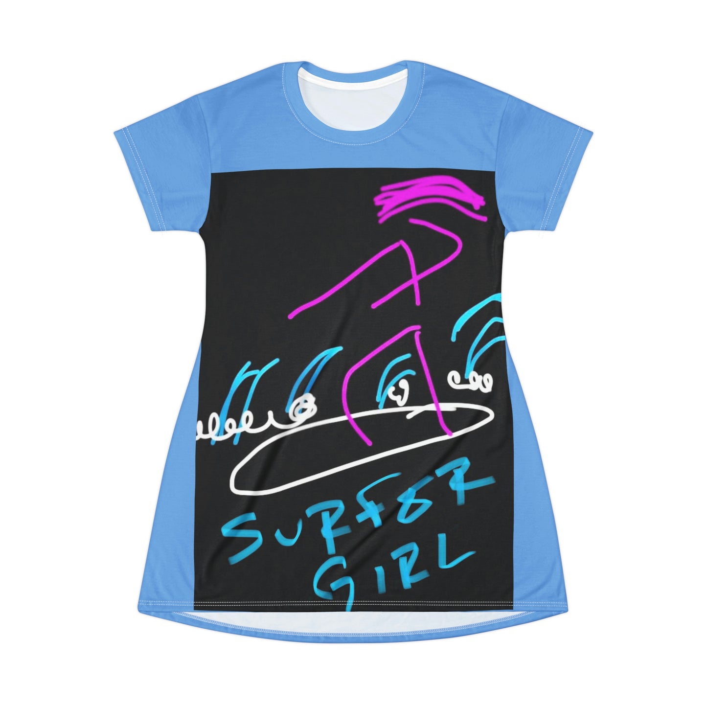 Surfer Girl- T-Shirt Dress (AOP)- Black and Light Blue