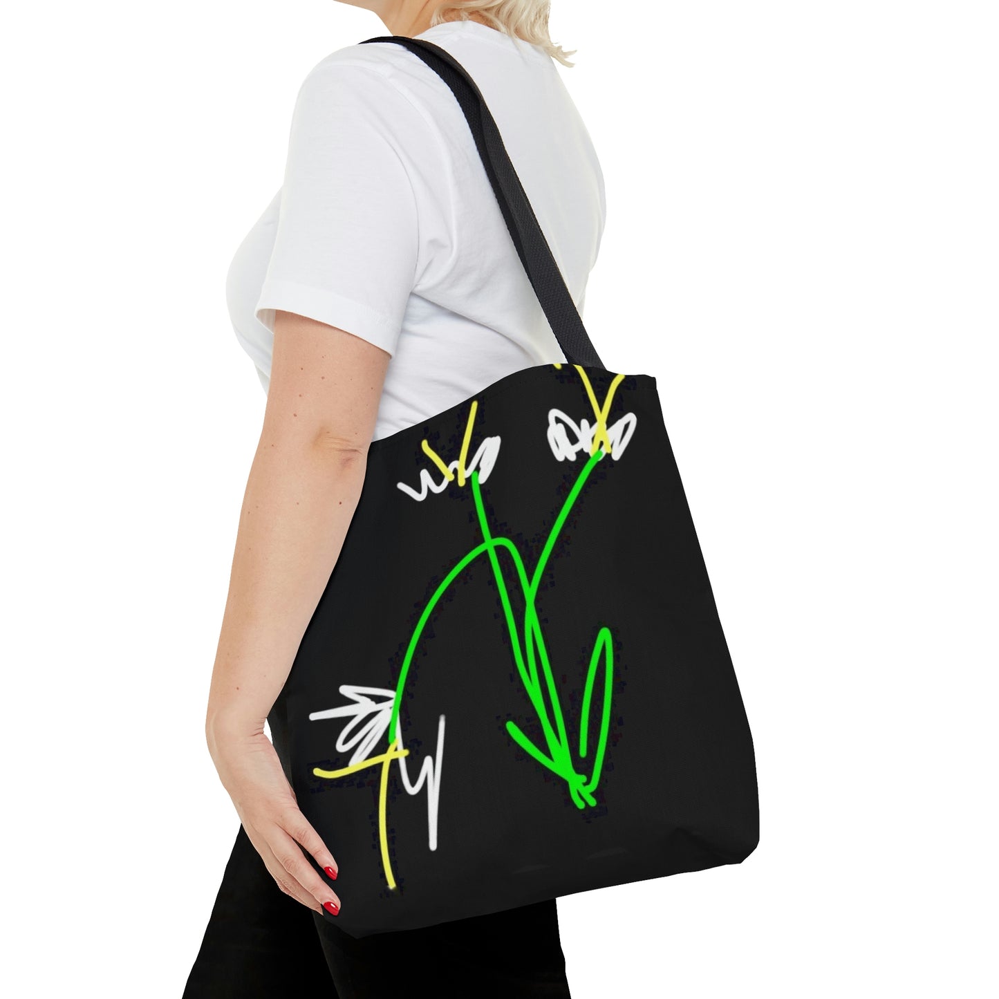 3 White Flowers- AOP Tote Bag- black