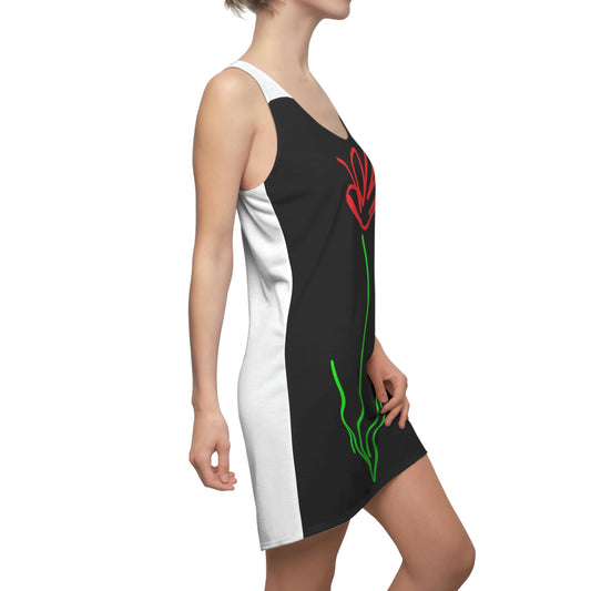 Red Flower- Women's Cut & Sew Racerback Dress- Black & White