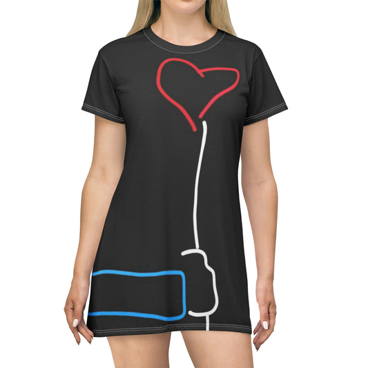 Heart Balloon- T-Shirt Dress (AOP)- Black