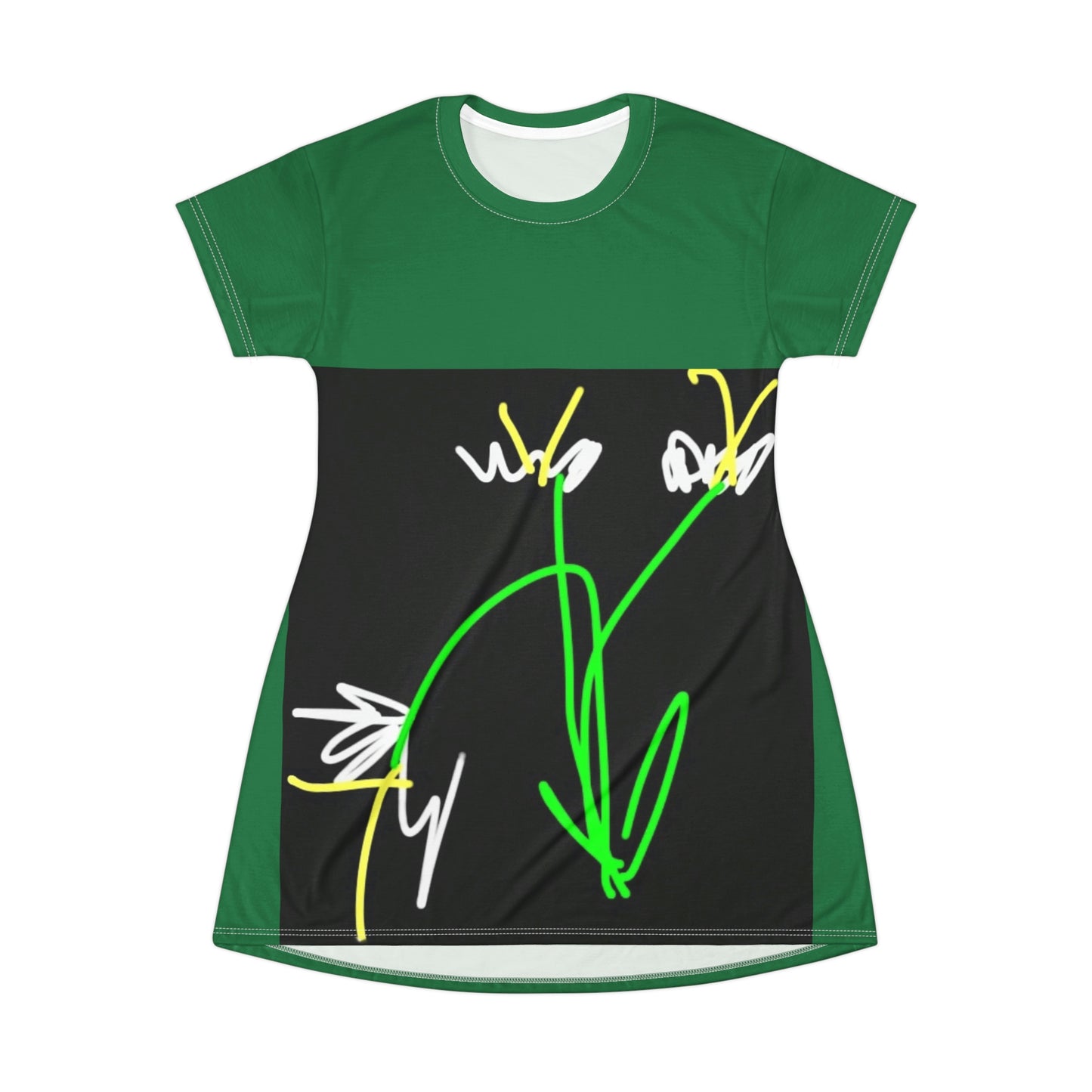 3 white Flowers- T-Shirt Dress (AOP)- Black and Green