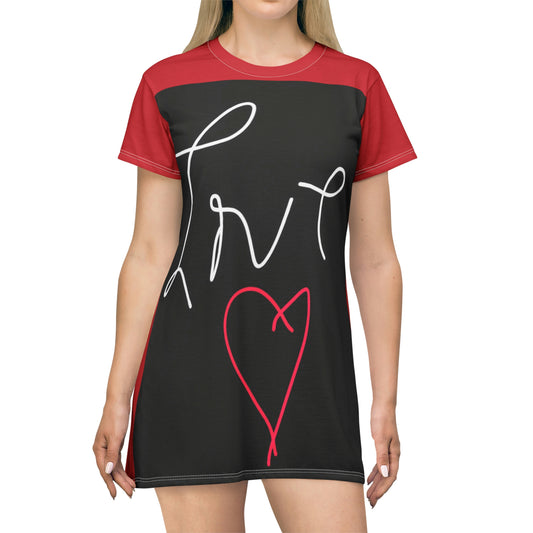 Love- T-Shirt Dress (AOP)- Black and Red