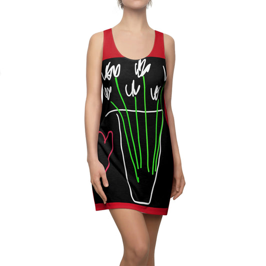 Vase, White Flowers- Women's Cut & Sew Racerback Dress- Black & Red