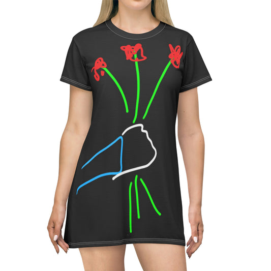 3 Red Flowers- T-Shirt Dress (AOP)- Black