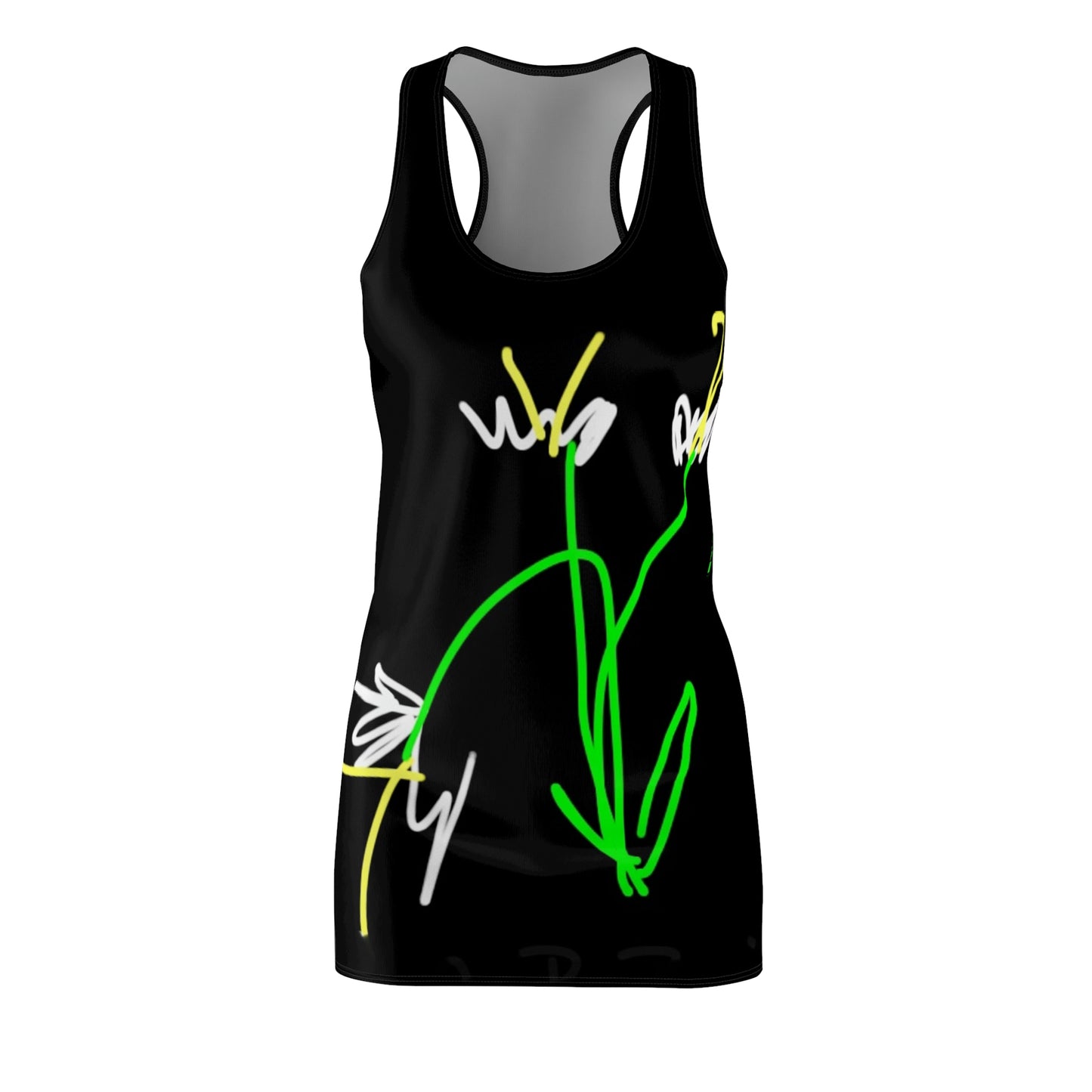 3 white Flowers- Women's Cut & Sew Racerback Dress (AOP)- Black