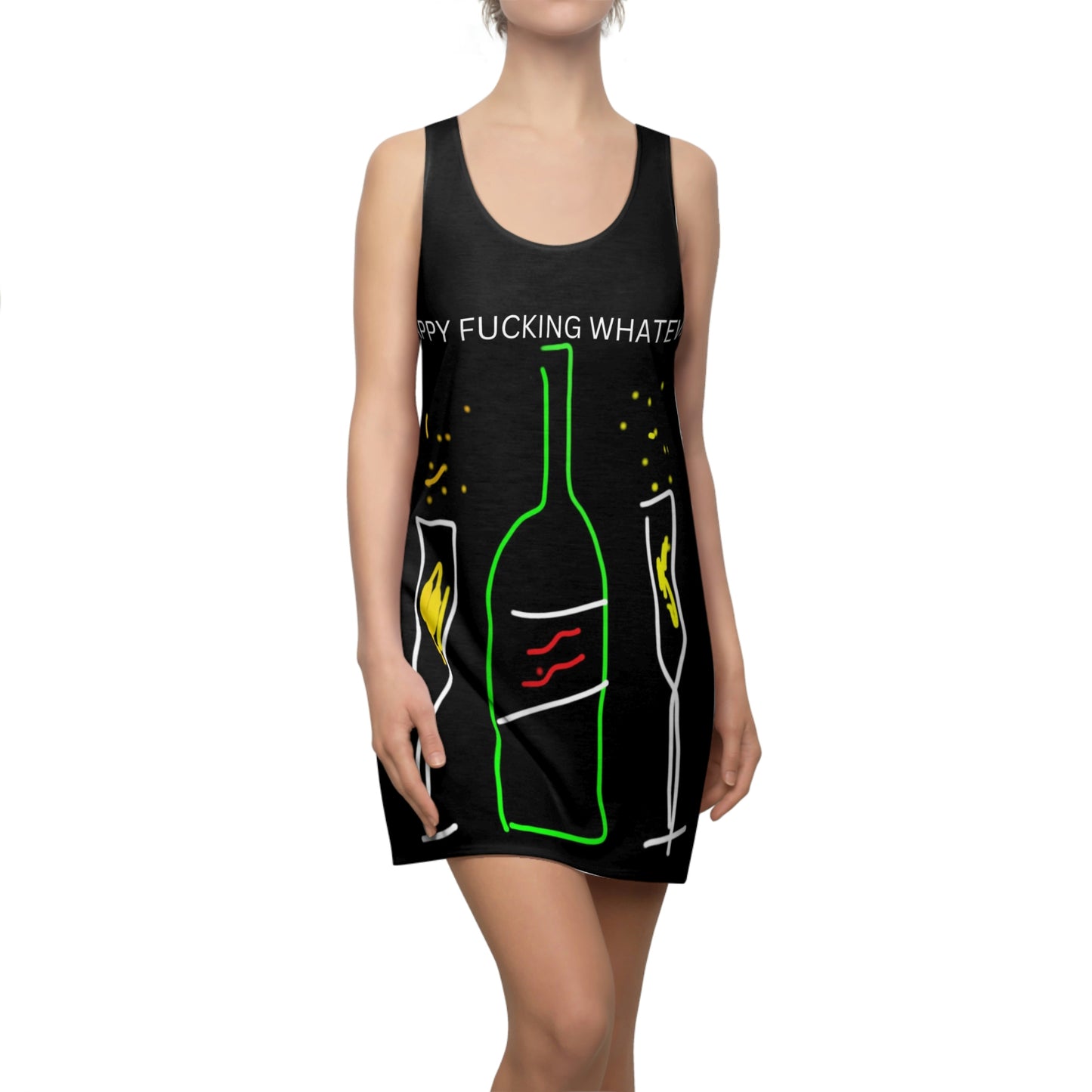 Champagne- Women's Cut & Sew Racerback Dress (AOP)- Black