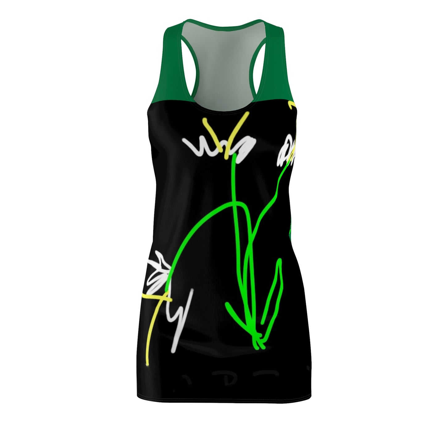 3 White Flowers- Women's Cut & Sew Racerback Dress (AOP)- Black & Green