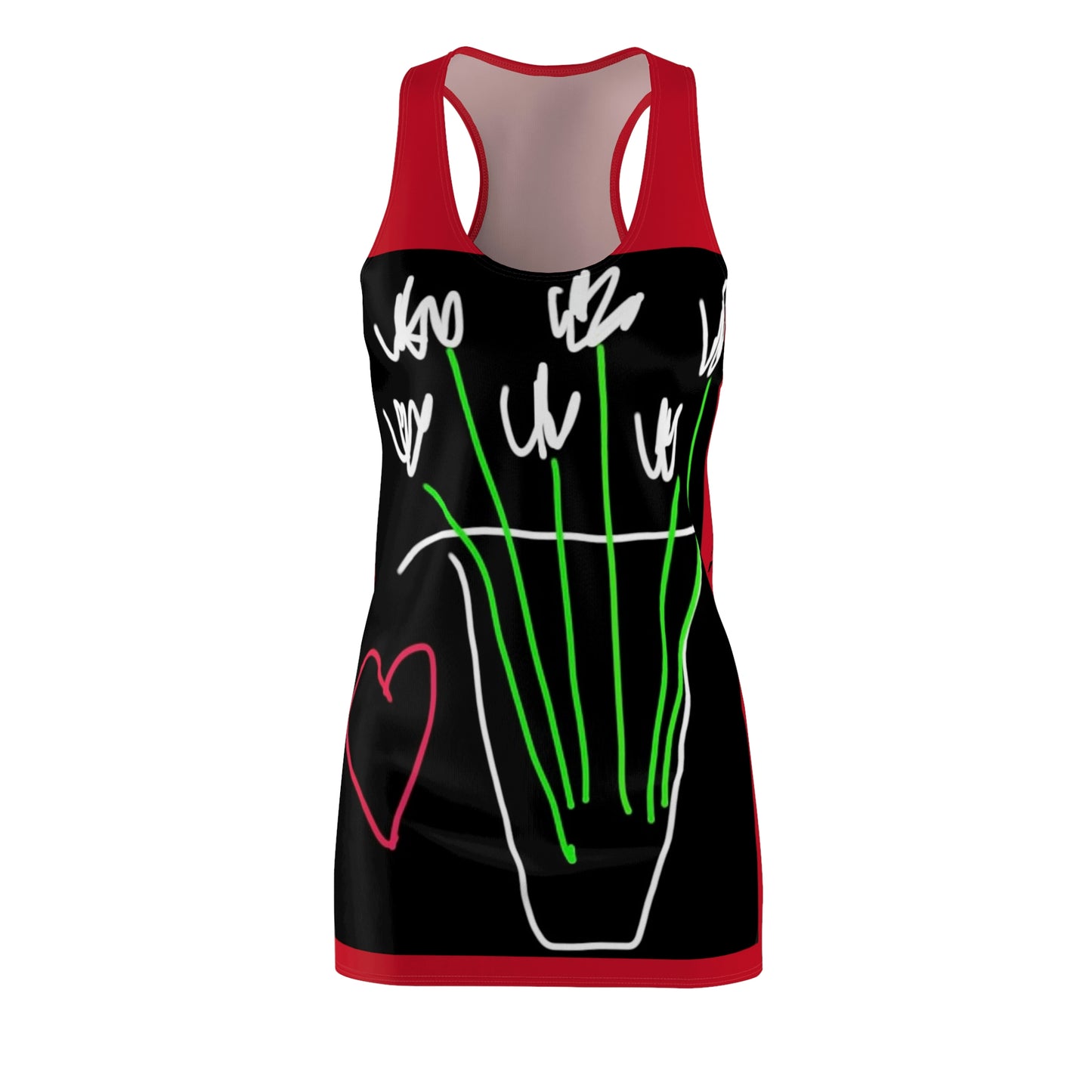 Vase, White Flowers- Women's Cut & Sew Racerback Dress- Black & Red