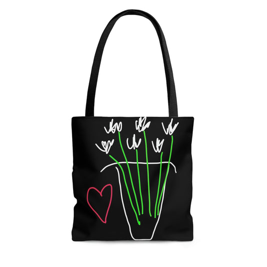 Vase, White Flowers- Tote Bag- Black