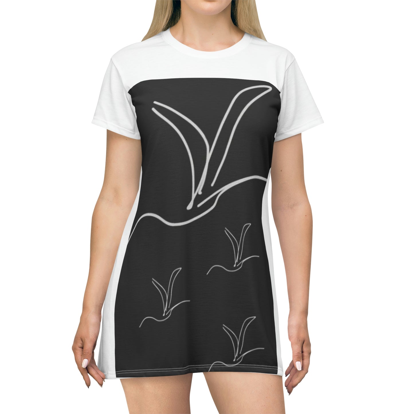 Origami/Flock- T-Shirt Dress (AOP)- Black and White