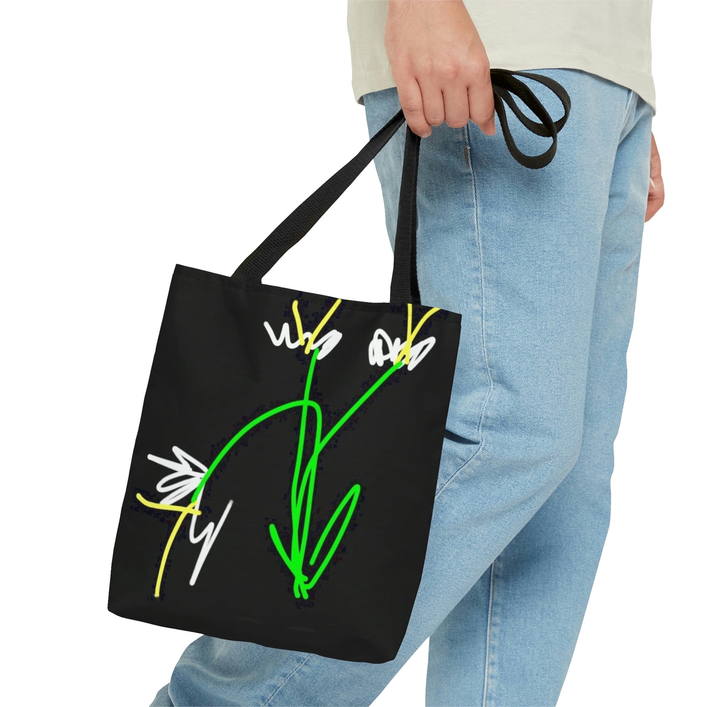 3 White Flowers- AOP Tote Bag- black