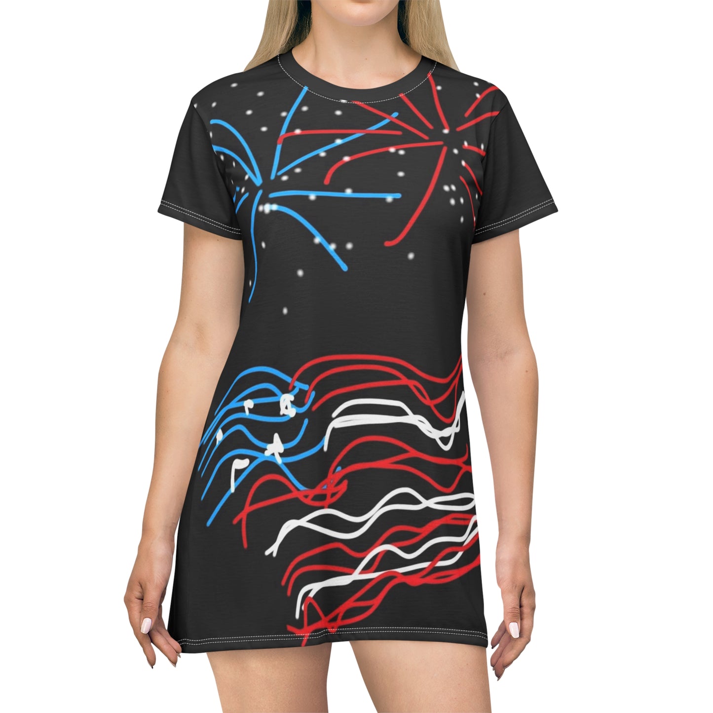 July 4th- Fireworks- T-Shirt Dress (AOP)- Black