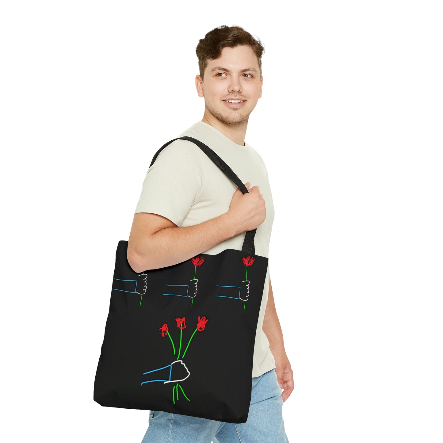 3 red Flowers, Heart Balloons- AOP Tote Bag