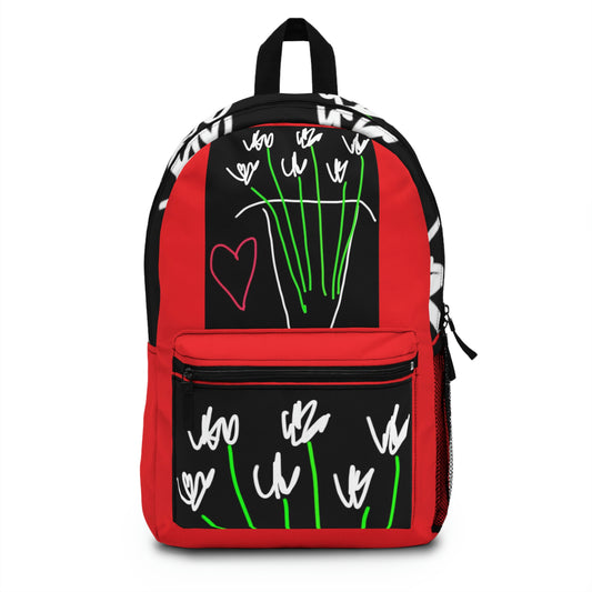 Vase, White Flowers- Backpack- Black & Red