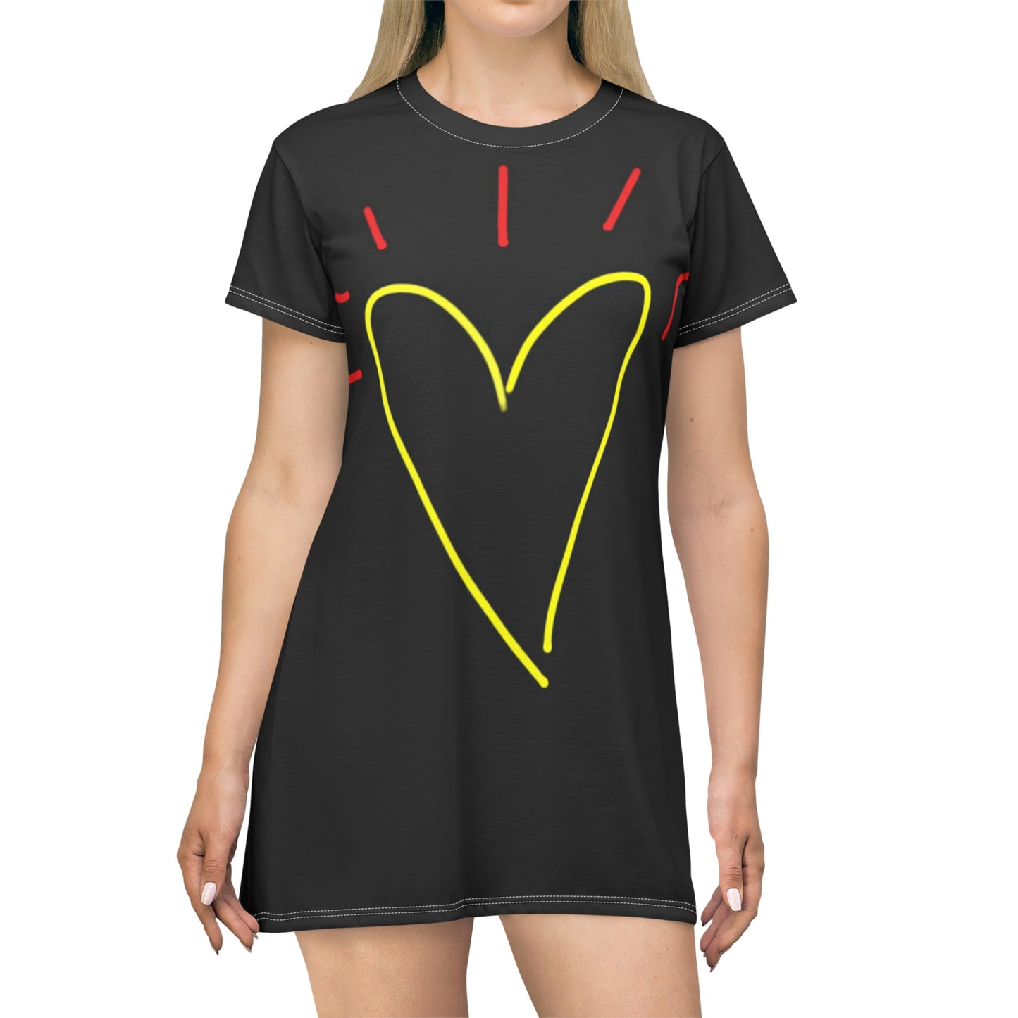 Gold Heart- T-Shirt Dress (AOP)- Black